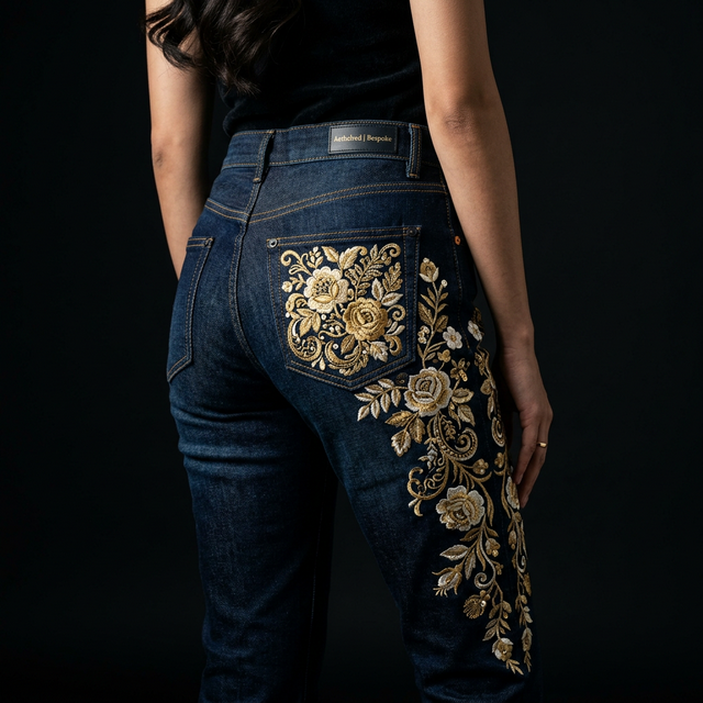 Custom embroidered dark indigo jeans