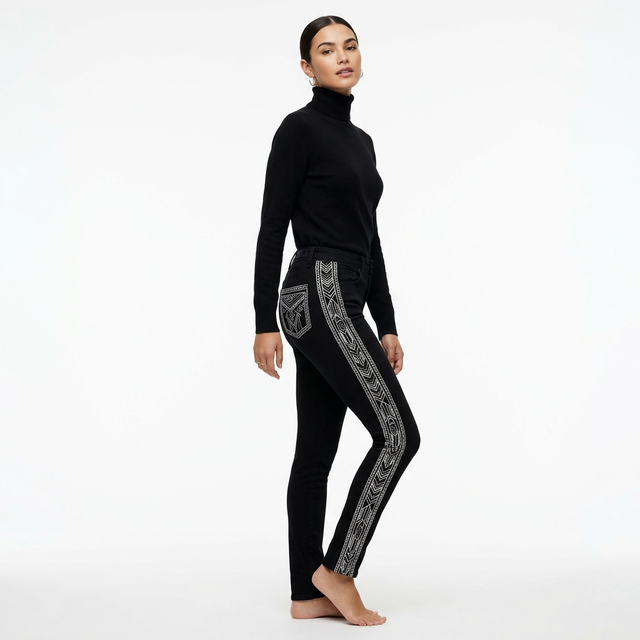 Black jeans with silver geometric embroidery