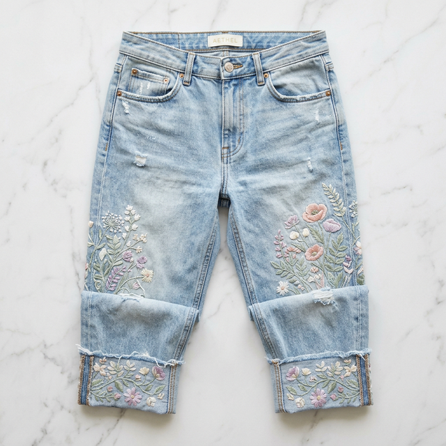 Light wash botanical embroidered jeans flat lay